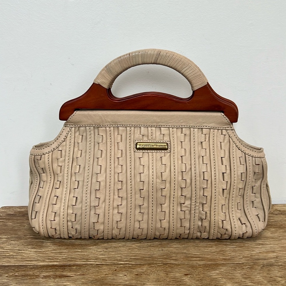 Isabella Fiore woven cream leather bag with wooden handle.